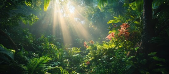 Fototapeta premium Sun rays illuminate a lush tropical jungle with vibrant green foliage and vibrant red flowers.
