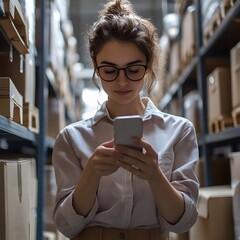 A young woman in glasses checks her phone while surrounded by shelves of boxes in a warehouse setting.