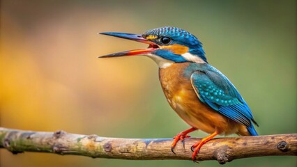 Close-up of a kingfisher stretching on a branch with open beak, kingfisher, bird, wildlife, branch, beak, colorful
