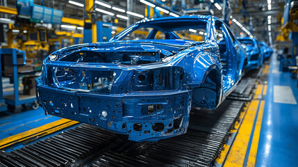 Fototapeta premium Unfinished car frame on automotive production line in factory, highlighting vehicle assembly process