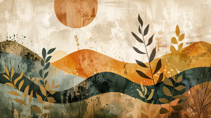Abstract Boho Landscape with Sun and Foliage. Earthy abstract landscape with a sun, rolling hills, and foliage in warm tones. Perfect for boho and nature-inspired designs.