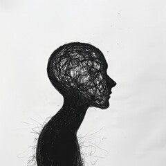 the silhouette of a person, filled with lines, and these are getting together to the inside of the head, art, concept, illustration, depression,  - Generative AI