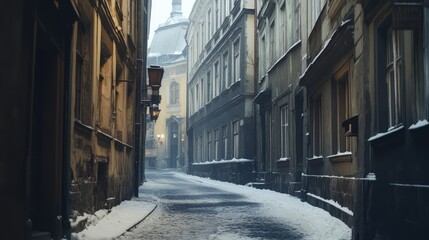 Fototapeta premium Winter street in a historic city center, with snow on rooftops, and quiet, empty lanes