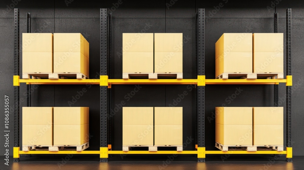 Poster empty warehouse shelving with organized boxes on pallets against a dark wall, showcasing a clean and