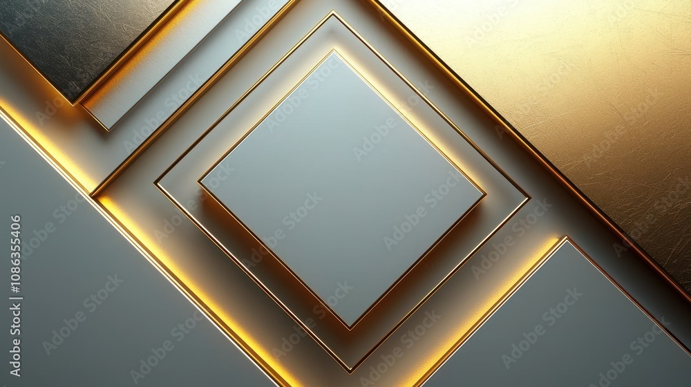 Poster abstract geometric background with gold and silver highlights, featuring layered square and rectangl