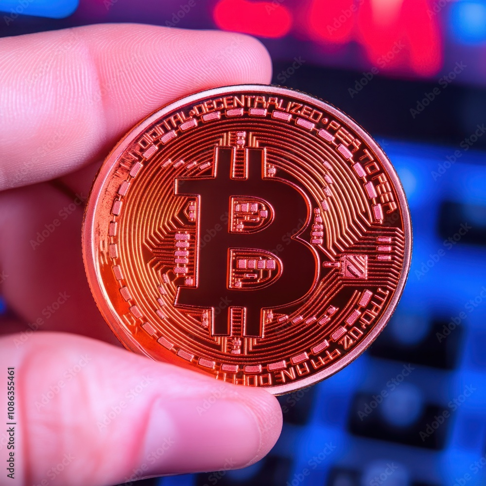 Poster close-up of a hand holding a shiny bitcoin coin with a colorful background illustrating the cryptocu