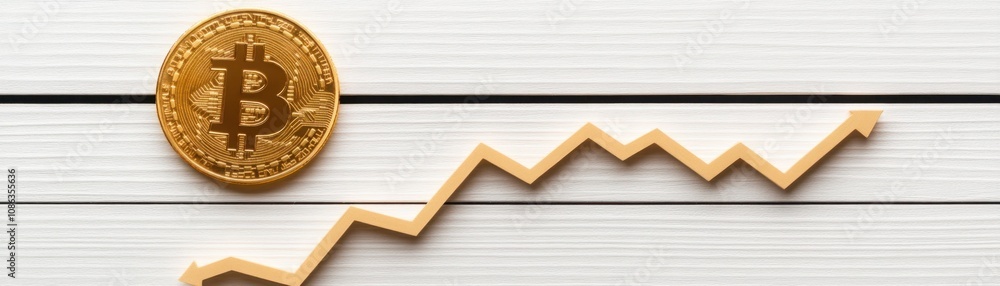 Poster bitcoin cryptocurrency with a rising graph trend symbolizing growth and increasing value on a wooden