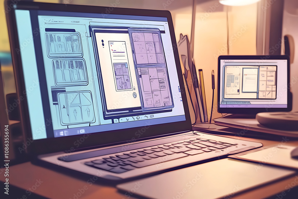 Poster a workspace featuring two laptops displaying design layouts and digital content.