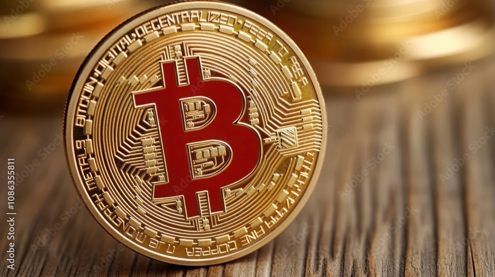 Poster close-up of a bitcoin coin featuring red symbol on gold surface with intricate circuitry design, rep