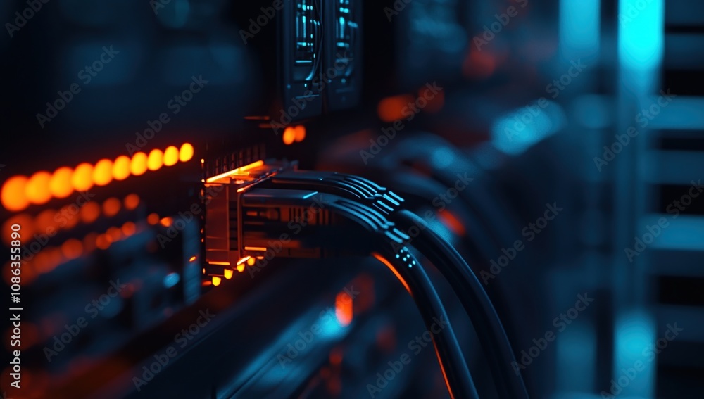 Poster intricate network server connections: a close-up of high-tech data transfer