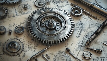 Fototapeta premium Mechanical Gears and Engineering Blueprint: A Detailed Close-Up of Industrial Components