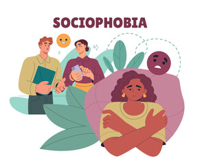 Woman with sociophobia. Young girl with mental and psychological problems, fear of people. Depression and frustration, sadness and sorrow. Flat vector illustration isolated on white background