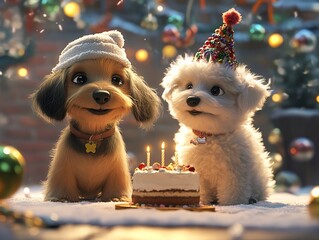 Adorable Dogs Celebrating Birthday with Cake at Christmas