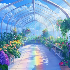 Colorful Flowers in a Glass Greenhouse with a Rainbow Reflection.
