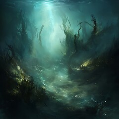 Fototapeta premium Underwater Forest with Sunbeams, Mysterious and Ethereal.