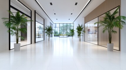 Fototapeta premium Modern interior space with plants and large glass windows.