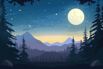 Nighttime Landscape with Full Moon and Silhouetted Trees