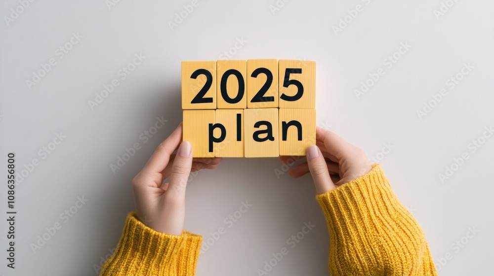 Poster hands holding yellow blocks with numbers and text displaying 2025 plan, symbolizing future goals and