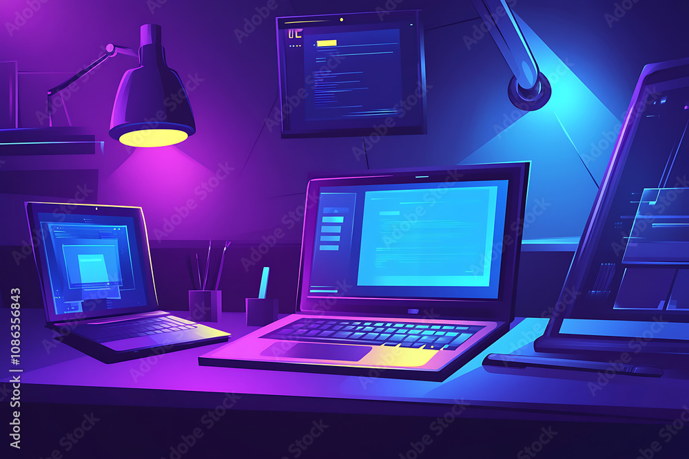 Aufkleber a digital workspace featuring multiple laptops and a lamp in a vibrant, tech-inspired setting.