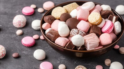 Obraz premium Colorful Assortment of Delicious Candies and Treats in a Bowl on a Dark Background, Perfect for Sweet Lovers and Dessert Enthusiasts
