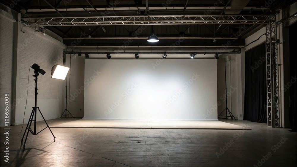 Poster minimalist studio space with a single spotlight shining down on a blank canvas, empty set, artistic 