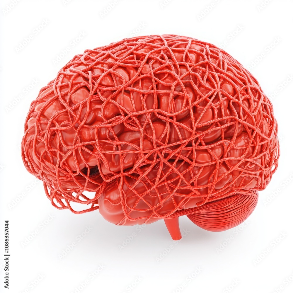 Poster intricate representation of a human brain with abstract red network design, symbolizing neural conne