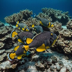 Obraz premium A group of clown triggerfish with their unique polka-dot and stripe patterns.