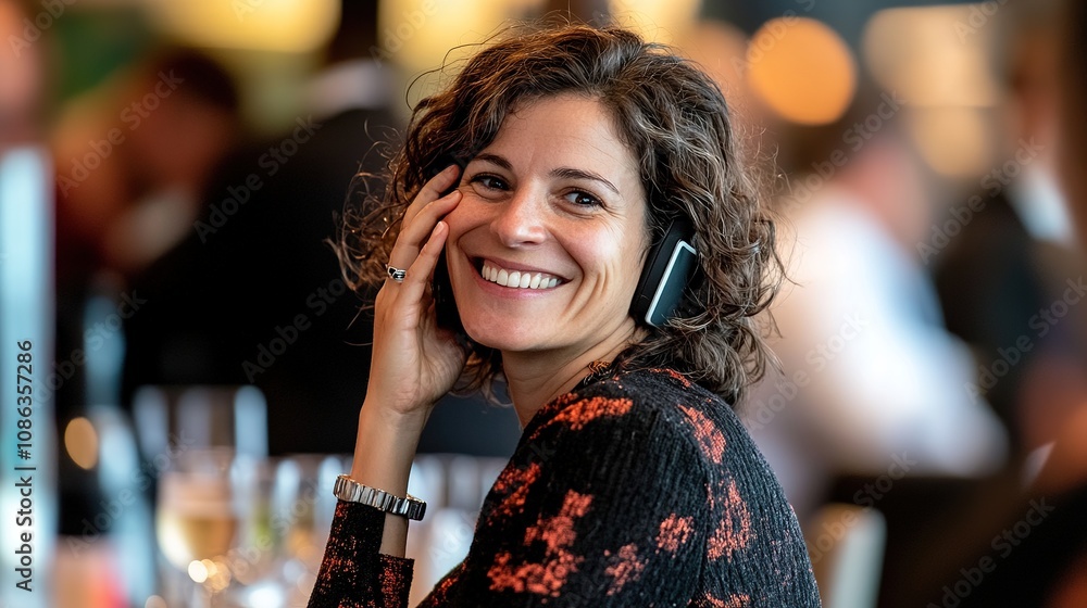 Poster joyful woman engaging in a phone call during a business event with a bright smile, capturing the ess