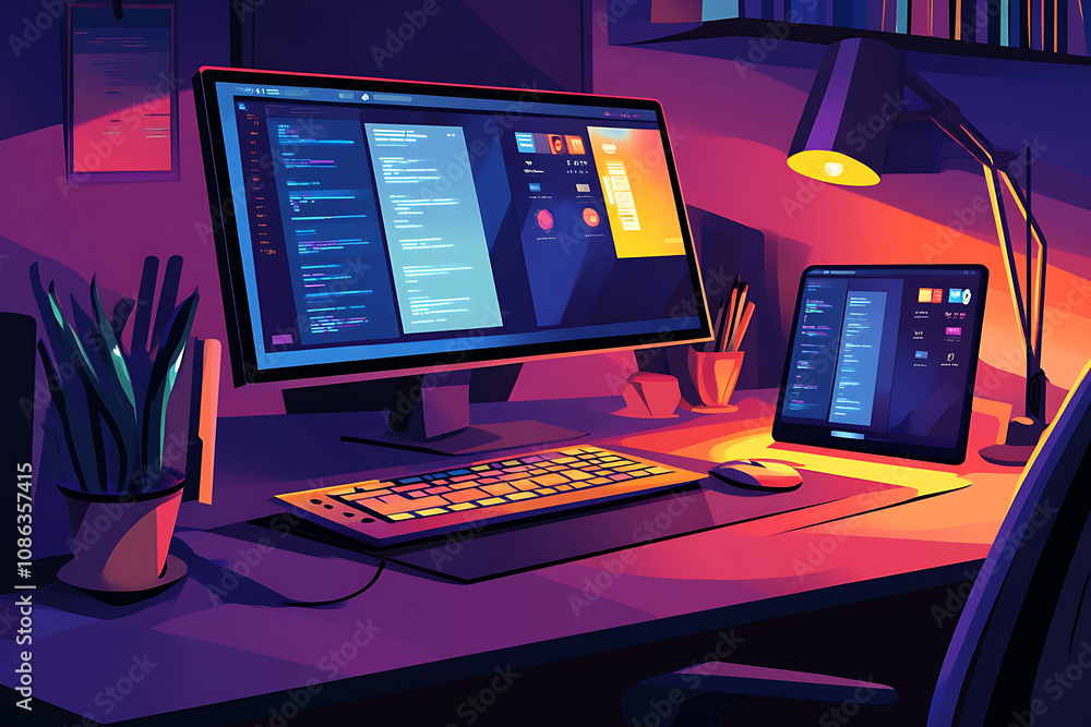 Poster a modern workspace featuring a computer and tablet, illuminated with vibrant colors.