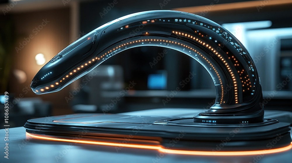 Poster futuristic device with a sleek design and glowing elements.