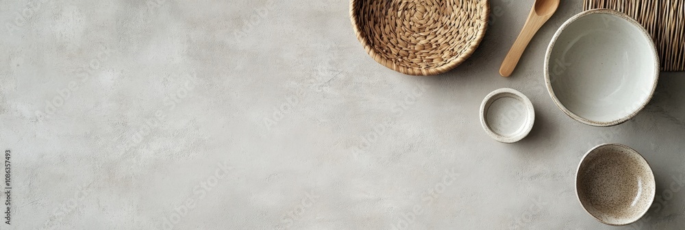 Aufkleber a collection of artisan ceramic bowls and woven materials is thoughtfully arranged on a neutral text