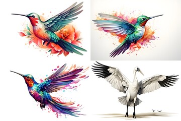 Obraz premium bird, animal, nature, flying, wildlife, illustration, wing, design, vector, feather, silhouette, beak, colourful, flight, horizontal, no people, art, black, blue, sky, tree branch, beautiful, freedom,