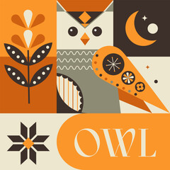 Graphic collection of animal scandinavian owl with seamless pattern