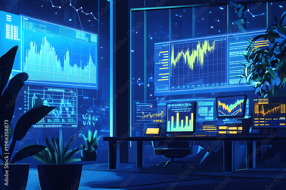 Poster a modern trading room with multiple screens displaying stock market data and graphs.