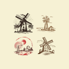 Obraz premium Windmill in farmland logo design vector vintage