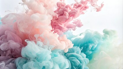 Fototapeta premium Pastel hues of acrylic colors dissolve in water, creating a soft and dreamy abstract background, watercolor, muted tone, color bleeding