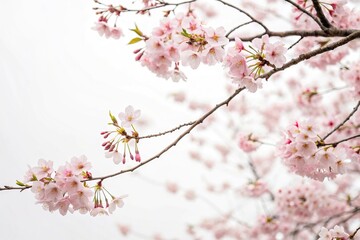 Obraz premium Pastel pink cherry blossom branches surround a minimalist white background, blooming flowers, white background, spring decor