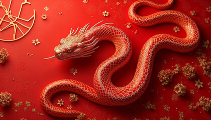 Obraz premium Dynamic depiction of a red snake slithering through traditional Chinese motifs like lanterns and fireworks, incorporating bold geometric elements and modern design, celebrating Lunar New Year 2025.