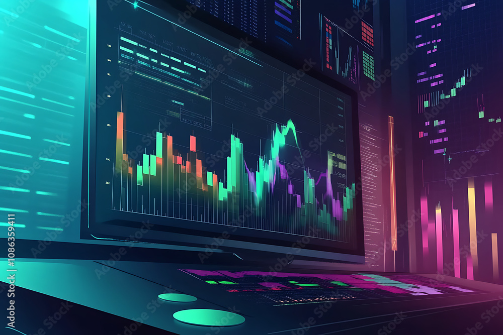 Poster a digital trading interface displaying colorful financial data and graphs.