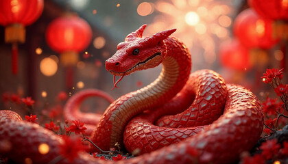 Obraz premium Dynamic depiction of a red snake slithering through traditional Chinese motifs like lanterns and fireworks, incorporating bold geometric elements and modern design, celebrating Lunar New Year 2025.
