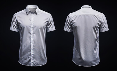 Elegant white short-sleeved shirt mockup template on a black background, front and back view.