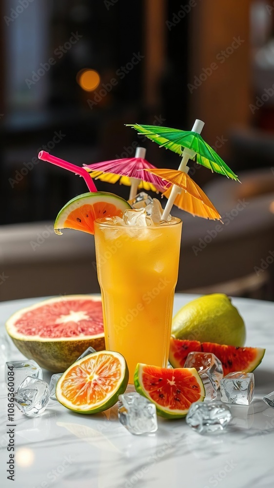 Poster refreshing tropical drink placed on a table with a colorful umbrella, surrounded by ice cubes and sl
