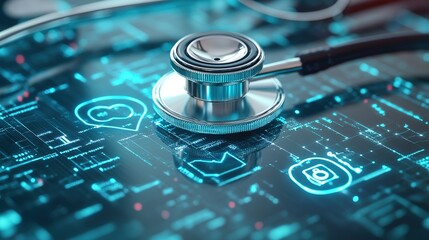 A stethoscope rests on a digital interface, symbolizing health technology and innovation.