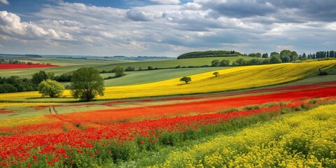 Obraz premium Red and yellow hues mingle with a spectrum of blues and greens in a lively painting, colorful, art