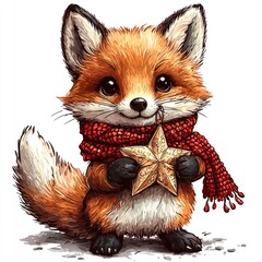 Adorable Fox Cub Holding a Golden Star Ornament for Christmas