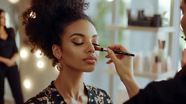 Transforming natural beauty with expert makeup application in a modern salon setting during an afternoon appointment