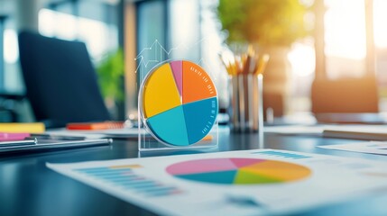 Fototapeta premium Interactive Pie Chart Presentation on a Modern Office Workspace with Sunlight and Stationery in the Background for Business Analysis