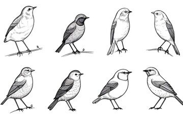 Obraz premium A set of bird robin with different poses vector art illustration Black and white Vintage engraved art of a quail isolated on white background, ink sketch illustration, simple vector art design, highly