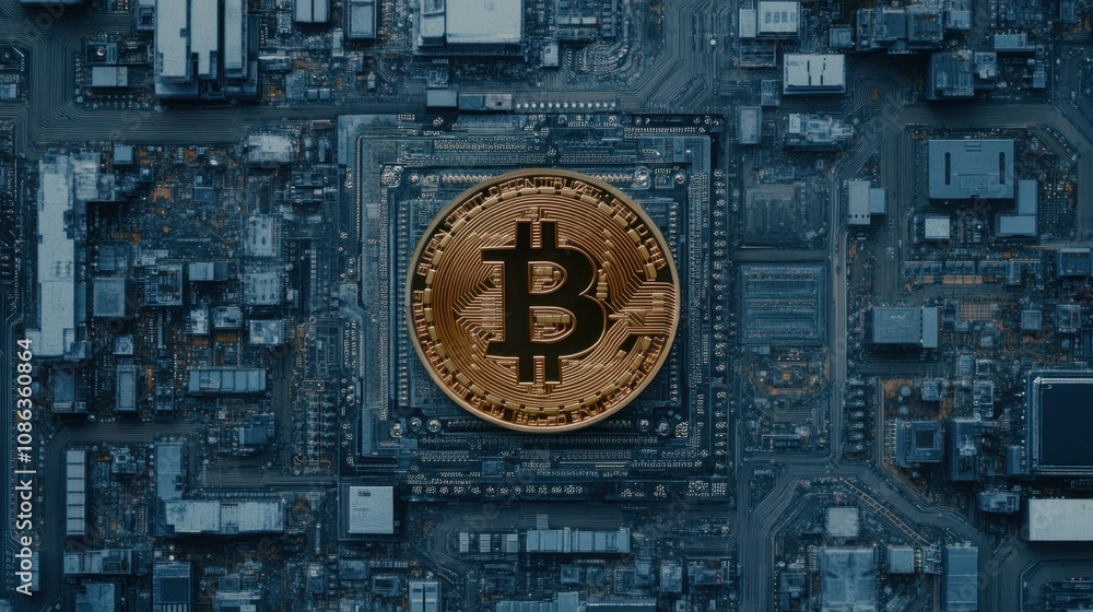Poster high-tech digital processor with a prominent bitcoin symbol, representing the intersection of crypto