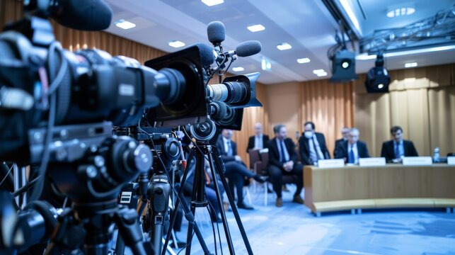 Podium in a press room, with multiple microphones and media cameras pointed
